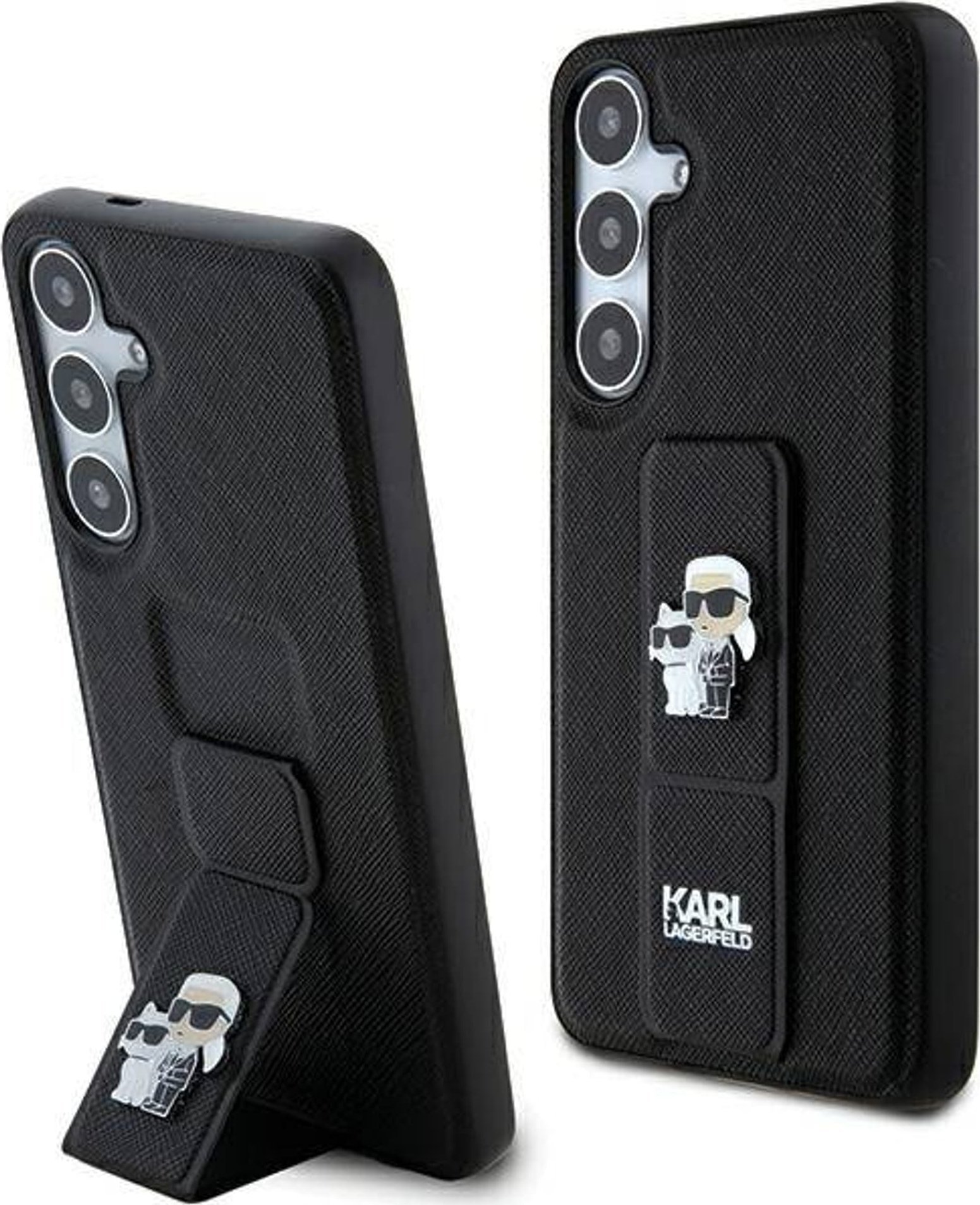 Karl Lagerfeld Pouzdro Karl Lagerfeld KLHCS24MGSAKCPK pro Samsung Galaxy S24+ Plus, pevné pouzdro, stojánek, saffiano, Karl&Choupette Pins, černé/černé