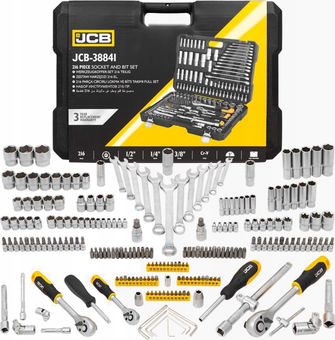 Sada nářadí JCB  KEYS SET 216 ks. 1/2 3/8 1/4