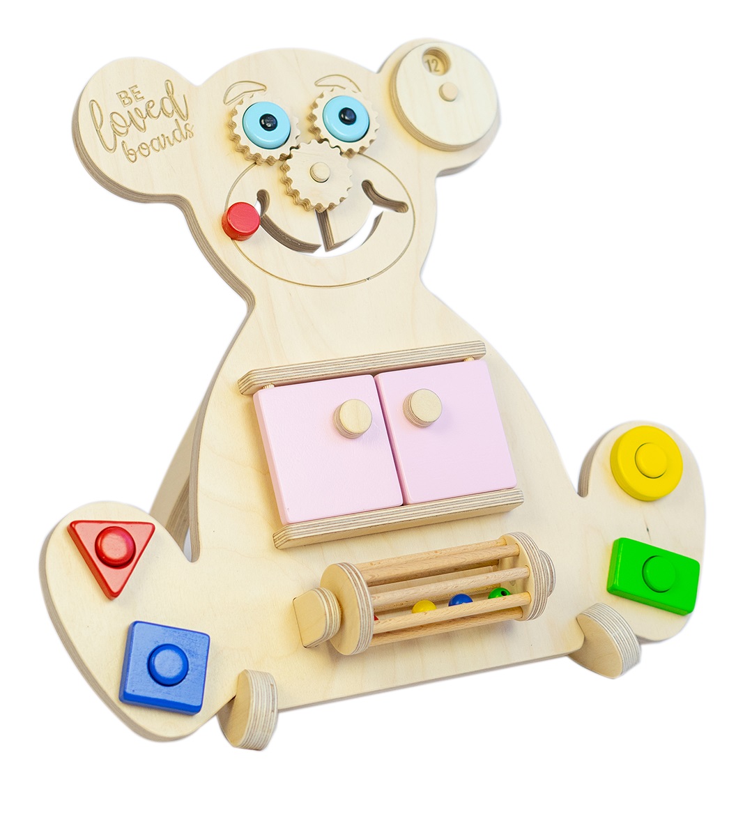 Beloved boards Vzdělávací medvídek BUSY BOARD - MINI modré dvířka