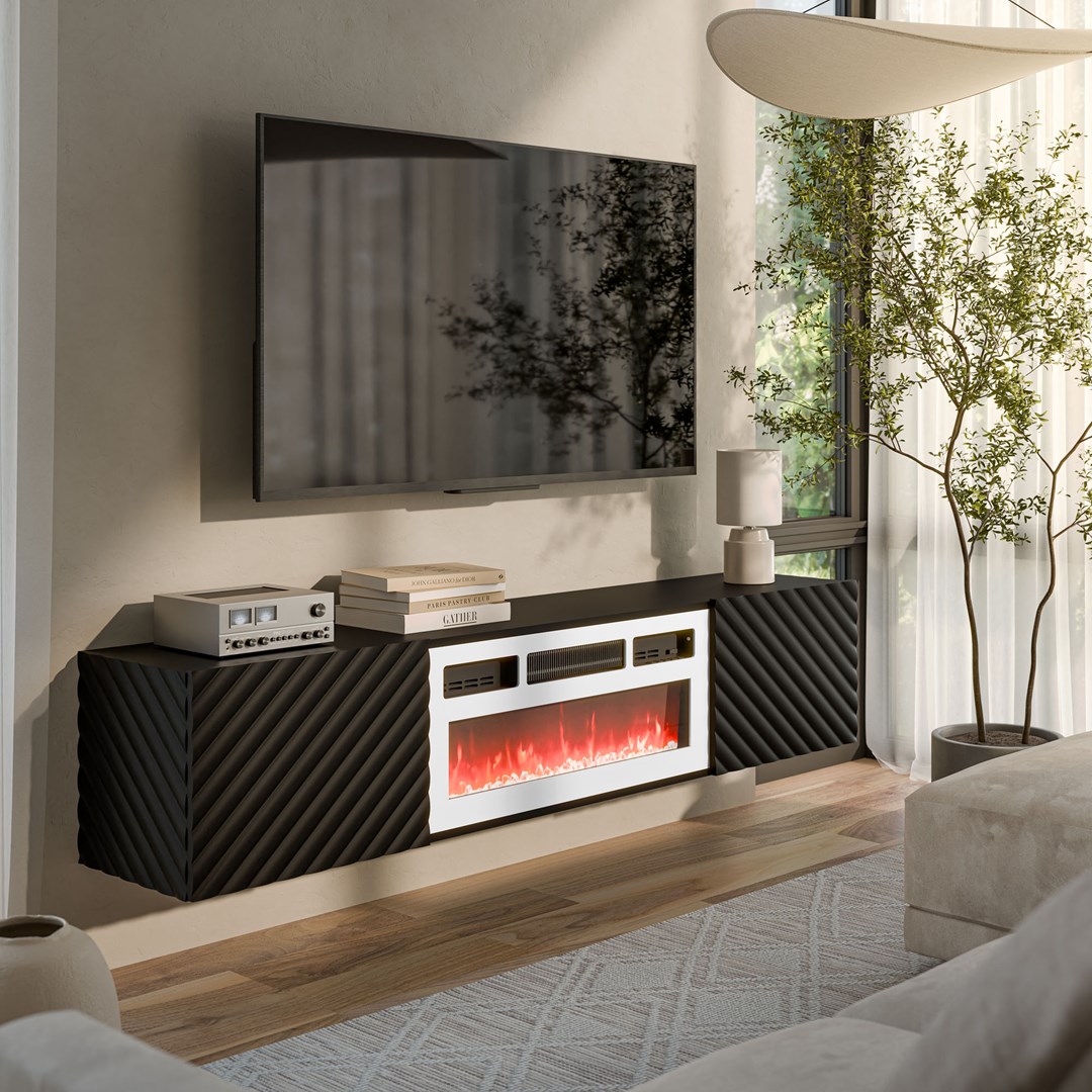 Cama RTV skříň LARA 183x35x37 černá matná + bílý krb