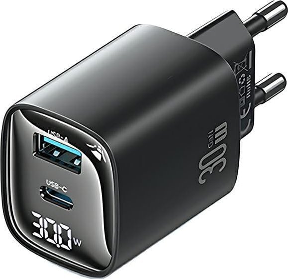 USAMS 30W GaN LED USB+USB-C CC229 Rychlonabíjecí Nabíječka do zásuvky Černá