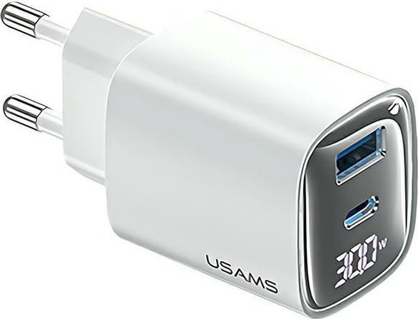 USAMS 30W GaN LED USB+USB-C CC229 rychle nabíjecí nástěnná nabíječka bílá