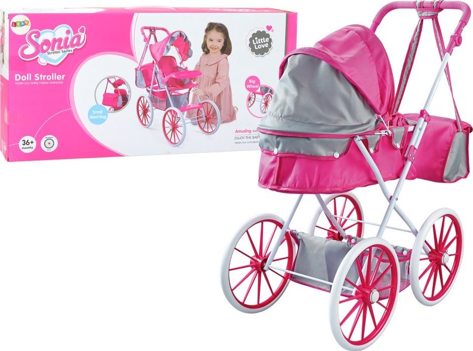 LeanToys Kočárek pro panenky s kovovou taškou a velkými kolečky, růžový