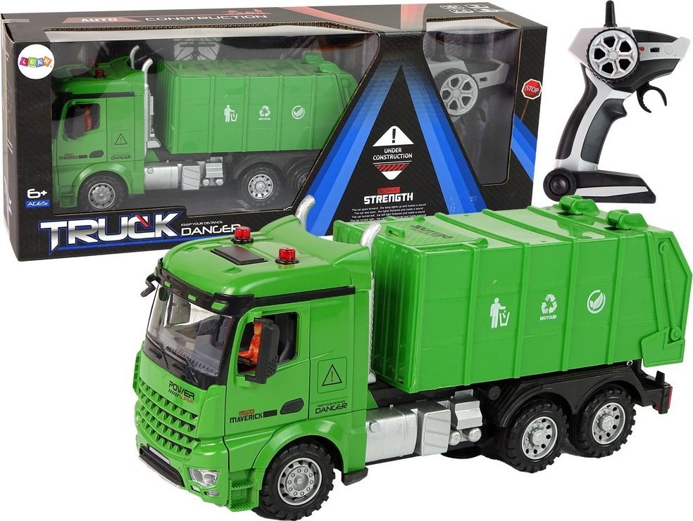 Dálkové ovládání LeanToys popelářské auto Zelené dálkové ovládání 2,4G Světla Zvuk
