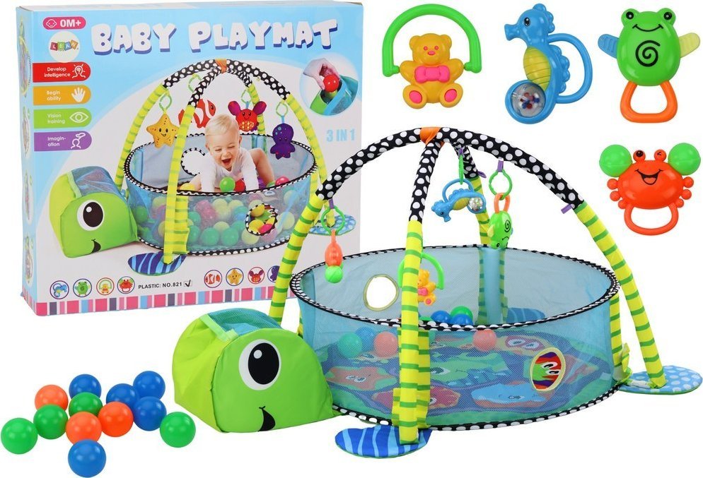 LeanToys Dětská podložka s míčky a bazénkem 3v1, želva