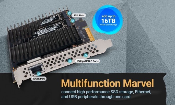Karta Sonnet McFiver PCIe – multifunkční adaptérová karta se dvěma sloty M.2 NVMe SSD, 10Gb?Ethernet a dvěma 10Gbps USB-C?Porty