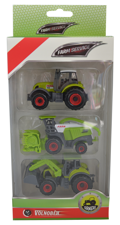 Set poľnohospodárskych strojov: traktor, kombajn, traktor s čelným nakladačom 1:64