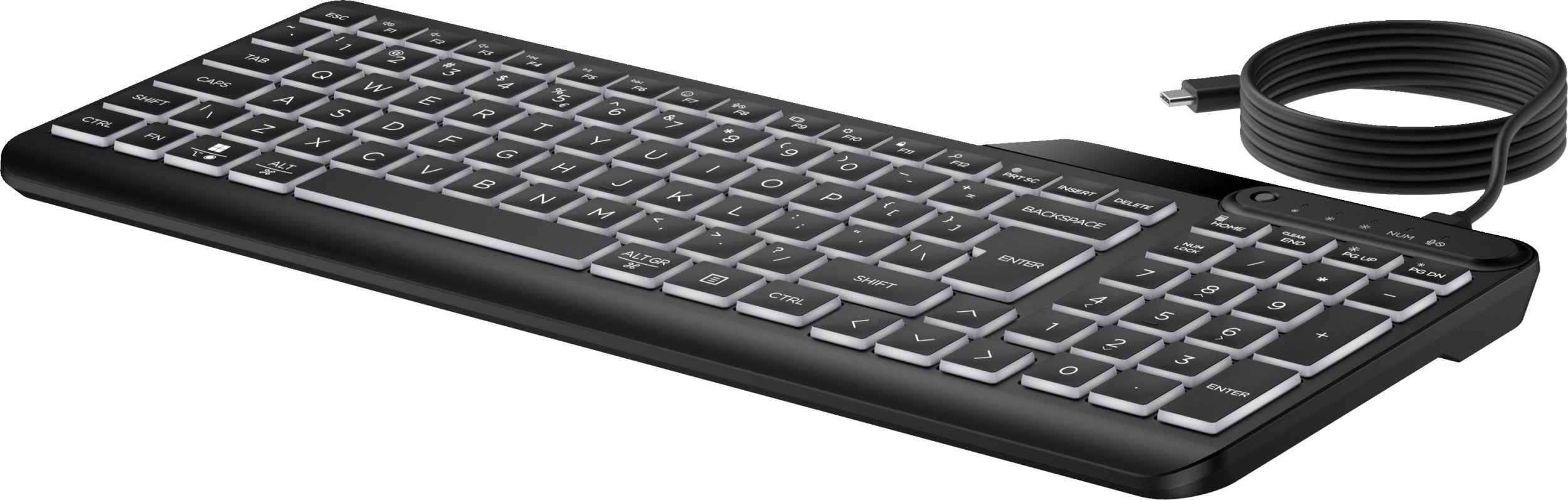 Klávesnice HP HP 405 s pašvietimu USB-C s podporou 24/7 Klaviatura, odolná proti polití, dezinfikovatelná, programovatelná, nastavitelný sklon a jas LED - Juodas - US ENG