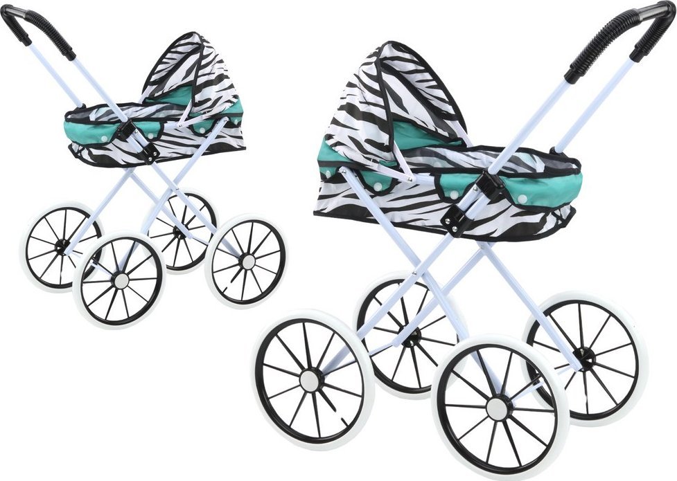 LeanToys Kočárek pro panenky s velkými kolečky, skládací, zebra, tyrkysový