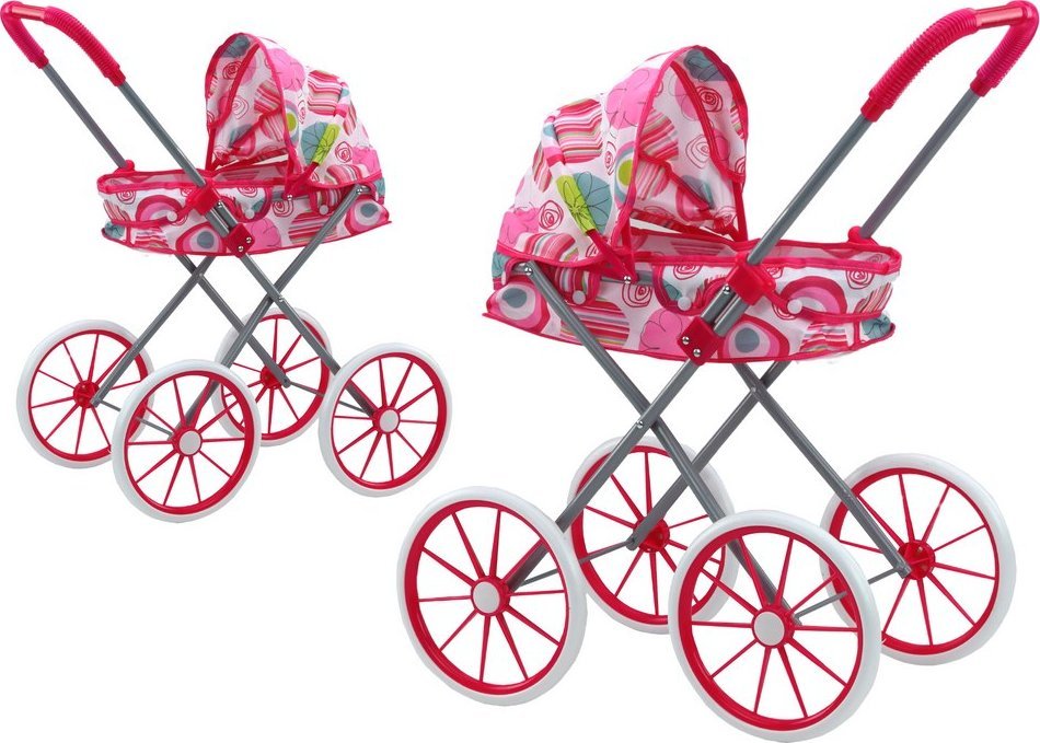 LeanToys Kočárek pro panenky s velkými kolečky, skládací, růžový, vzory