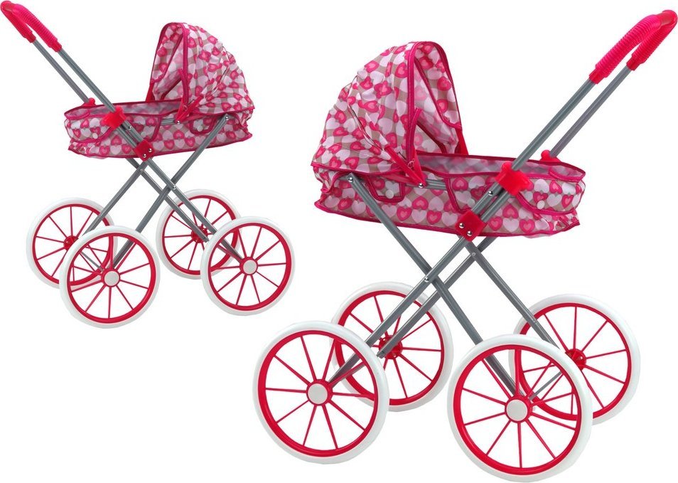 LeanToys Kočárek pro panenky s velkými kolečky, skládací, růžová srdíčka