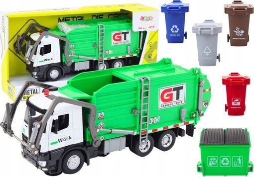 Multifunkční zelené kovové popelářské auto LeanToys s třecím pohonem a barevnými popelnicemi
