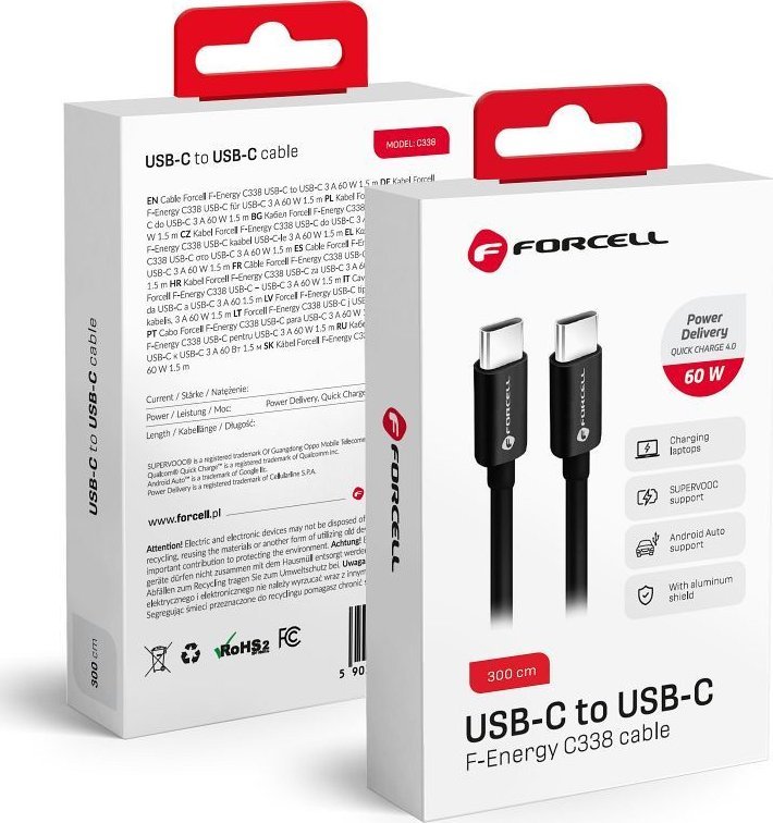 ForCell USB kabel USB-C - USB-C 3 m černý