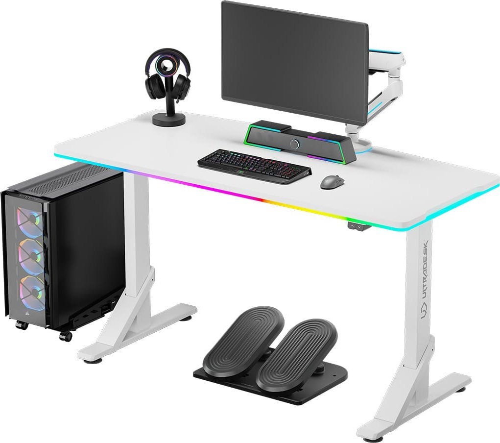 ULTRADESK IRON WHITE herní stůl, 132,5x60,5 cm, 71-81 cm, mechanické nastavení výšky