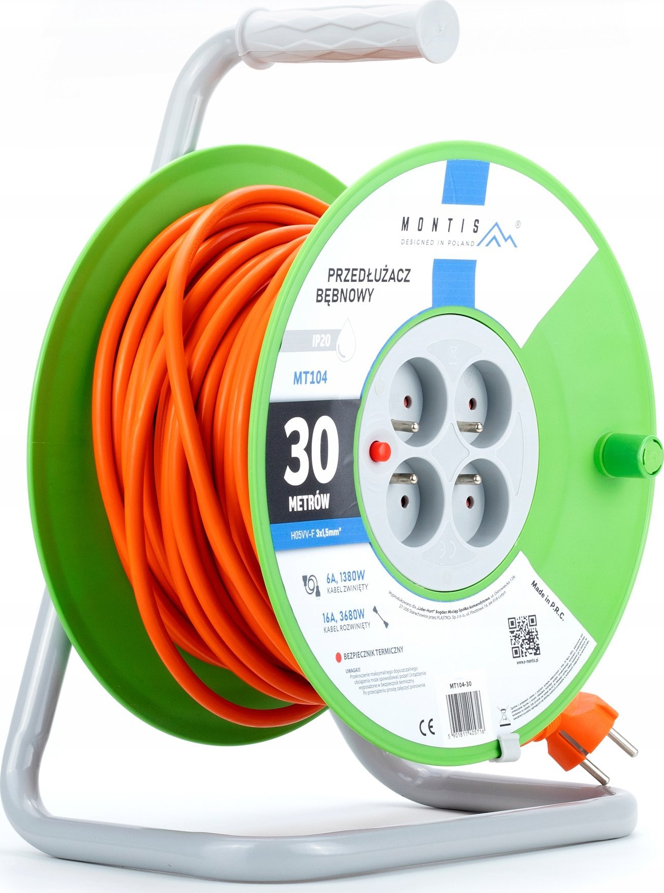 Montis Prodlužovací kabelový naviják MT104-30 4x2p+Z 16A 3680W 3x1,5 30m Montis oranž.