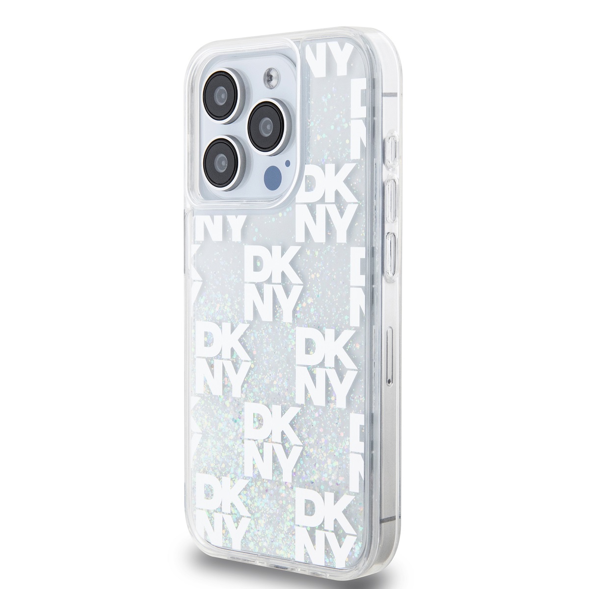 DKNY Liquid Glitter Multilogo – púzdro na iPhone 15 Pro (biele)