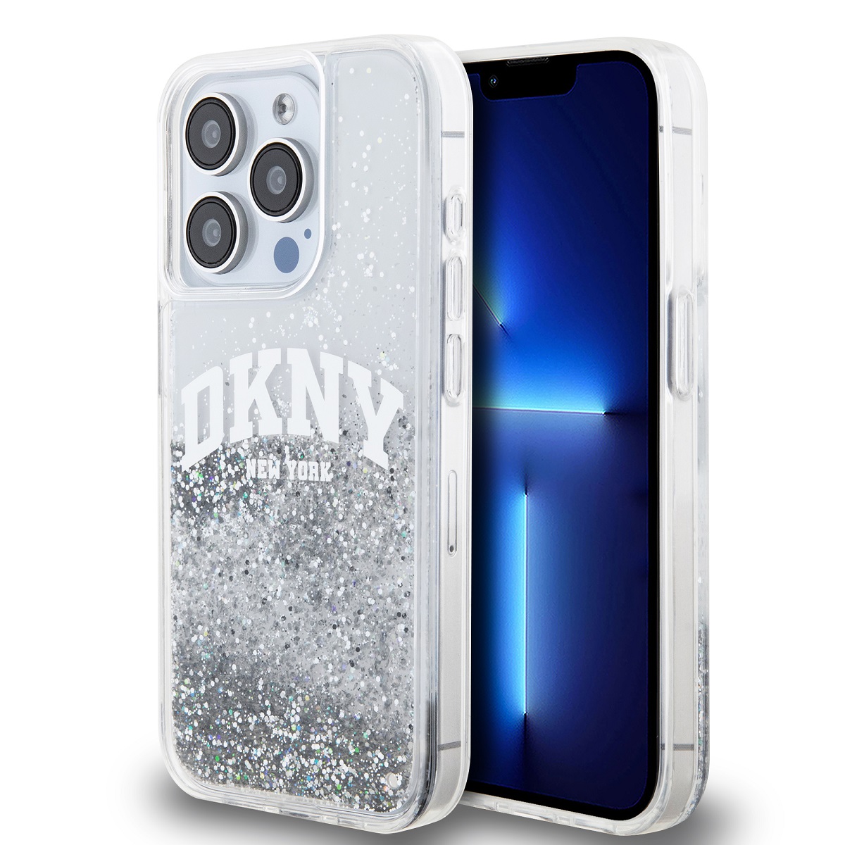 Veľké logo DKNY Liquid Glitter – púzdro na iPhone 15 Pro (biele)