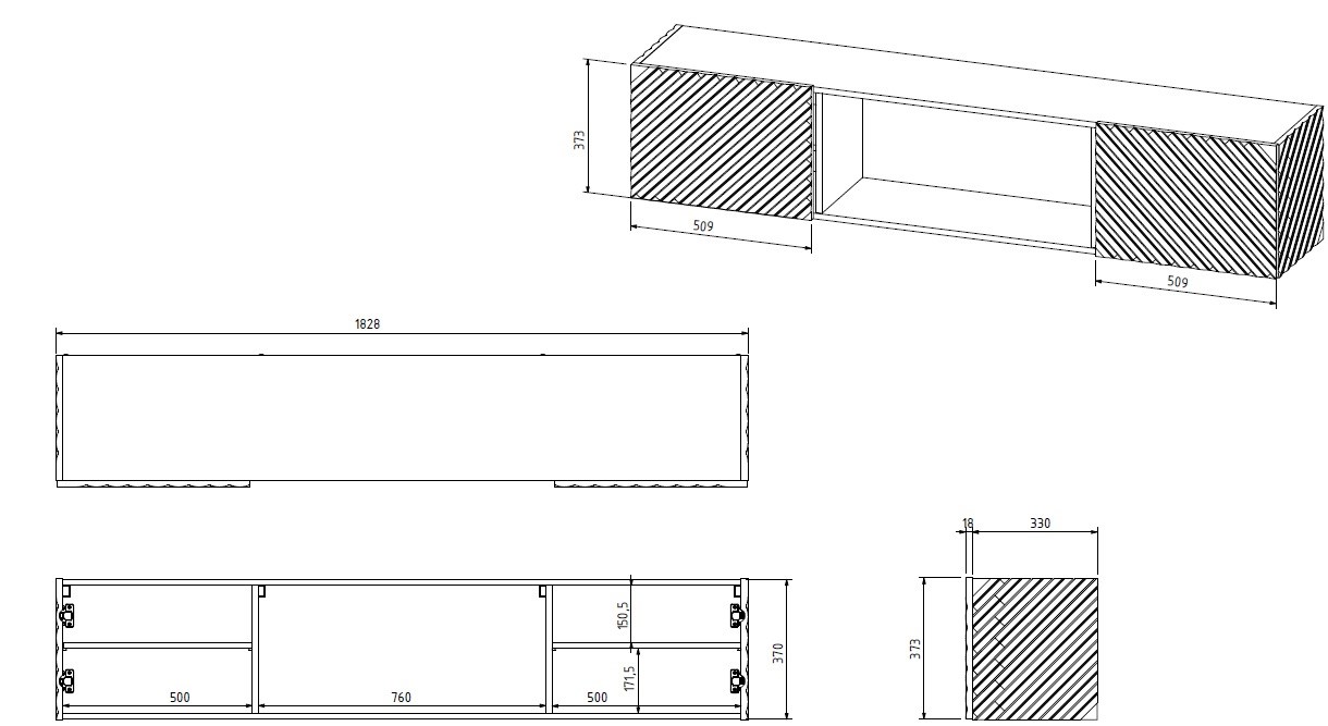 Cama RTV skříň LARA 183x35x37 černá matná + černý krb