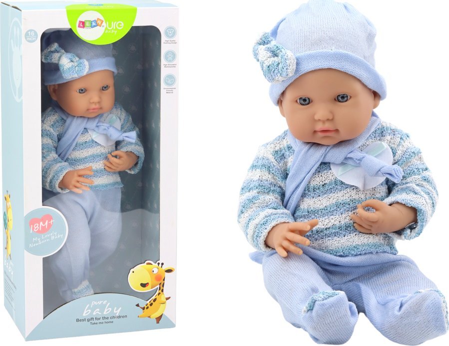 LeanToys Baby Doll Pruhovaný svetr, čepice a šátek modrý