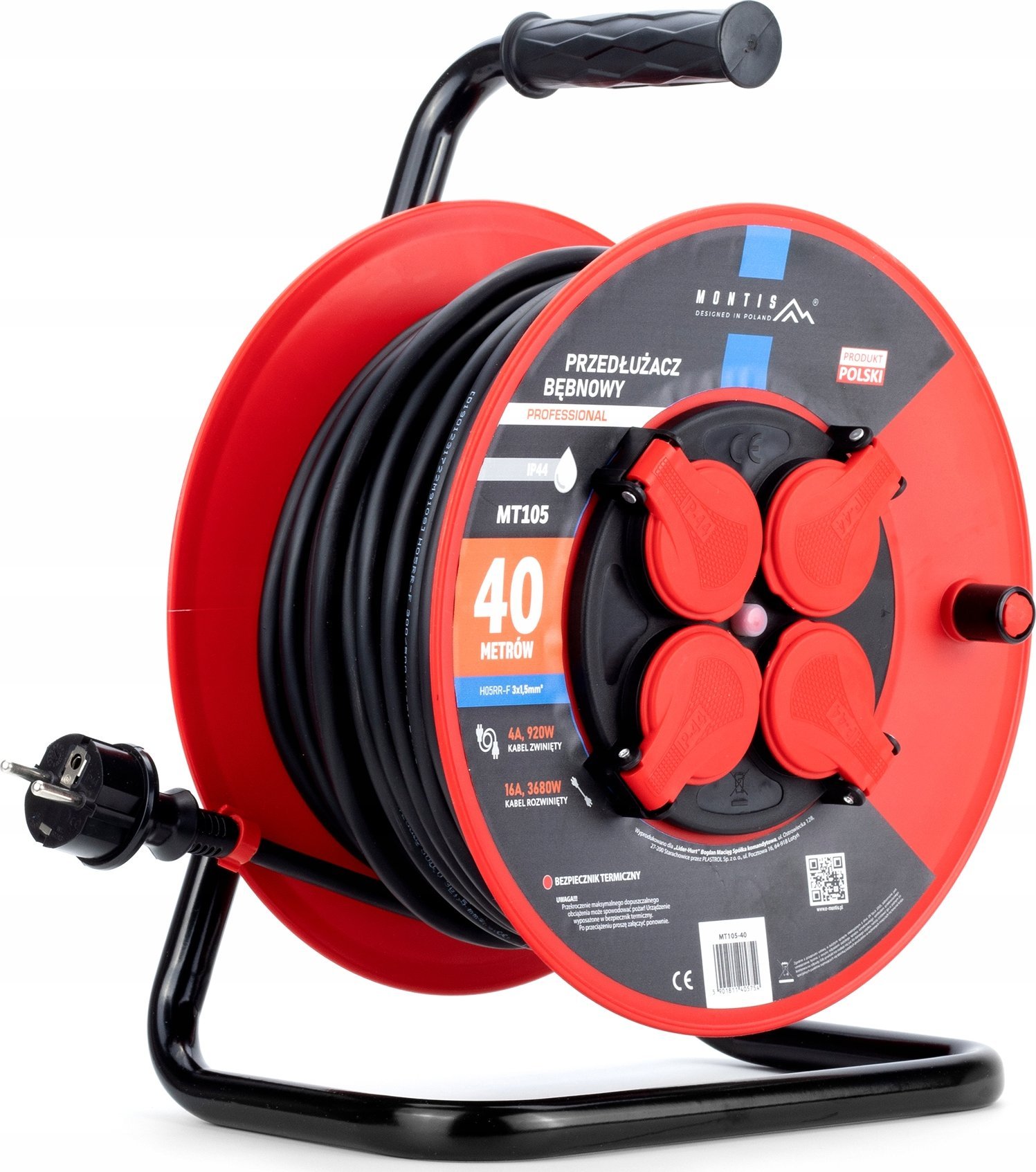 Montis PROFESSIONAL MT105-40 prodlužovací kabel na bubnu 4x2p+Z IP44 16A 3680W 3x1,5 40m Montis černá