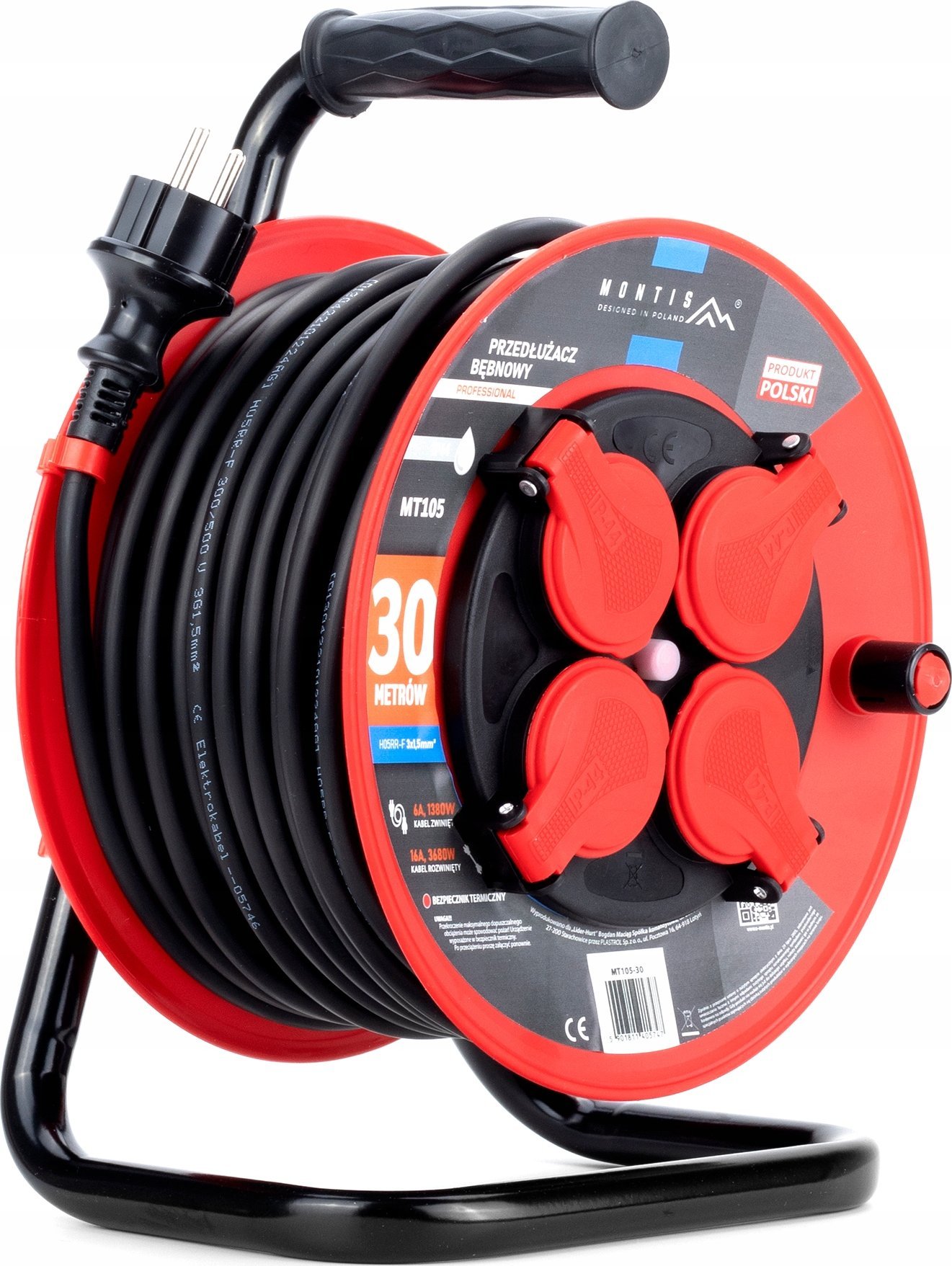 Montis PROFESSIONAL MT105-30 prodlužovací kabel na bubnu 4x2p+Z IP44 16A 3680W 3x1,5 30m Montis černá