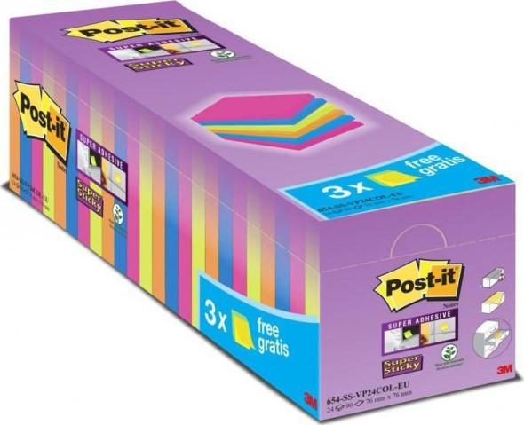 Post-It 3M Post-it Sticky Notes_ Super Sticky _21 bloků + 3 ZDARMA, každý s 90 barevnými poznámkami 76x76mm_654-SS-VP24COL 3