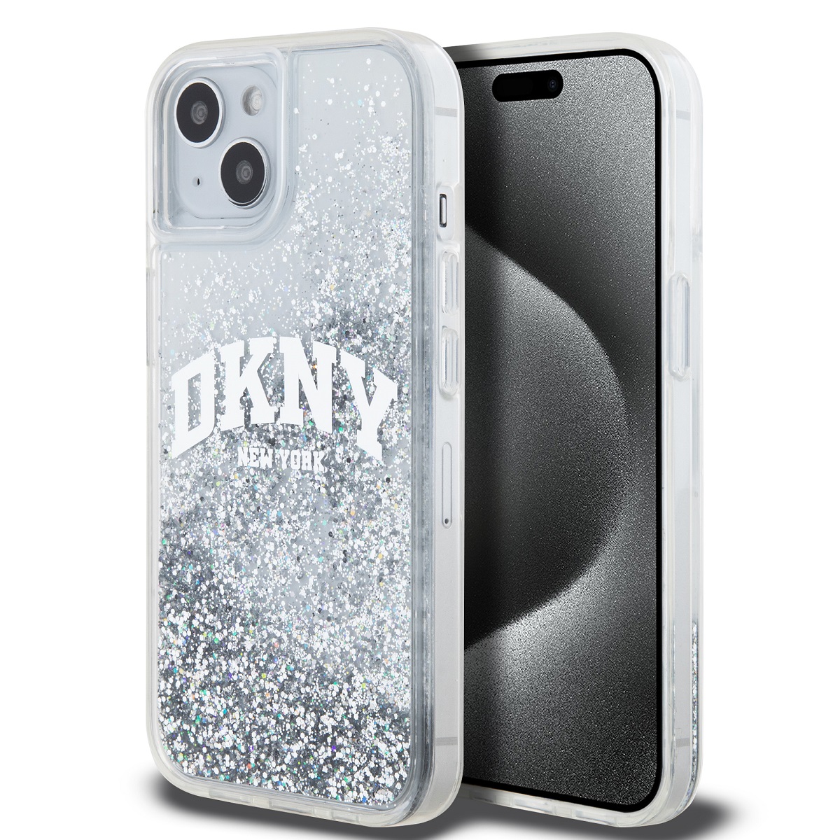 DKNY tekuté trblietavé veľké logo – púzdro na iPhone 15/14/13 (biele)