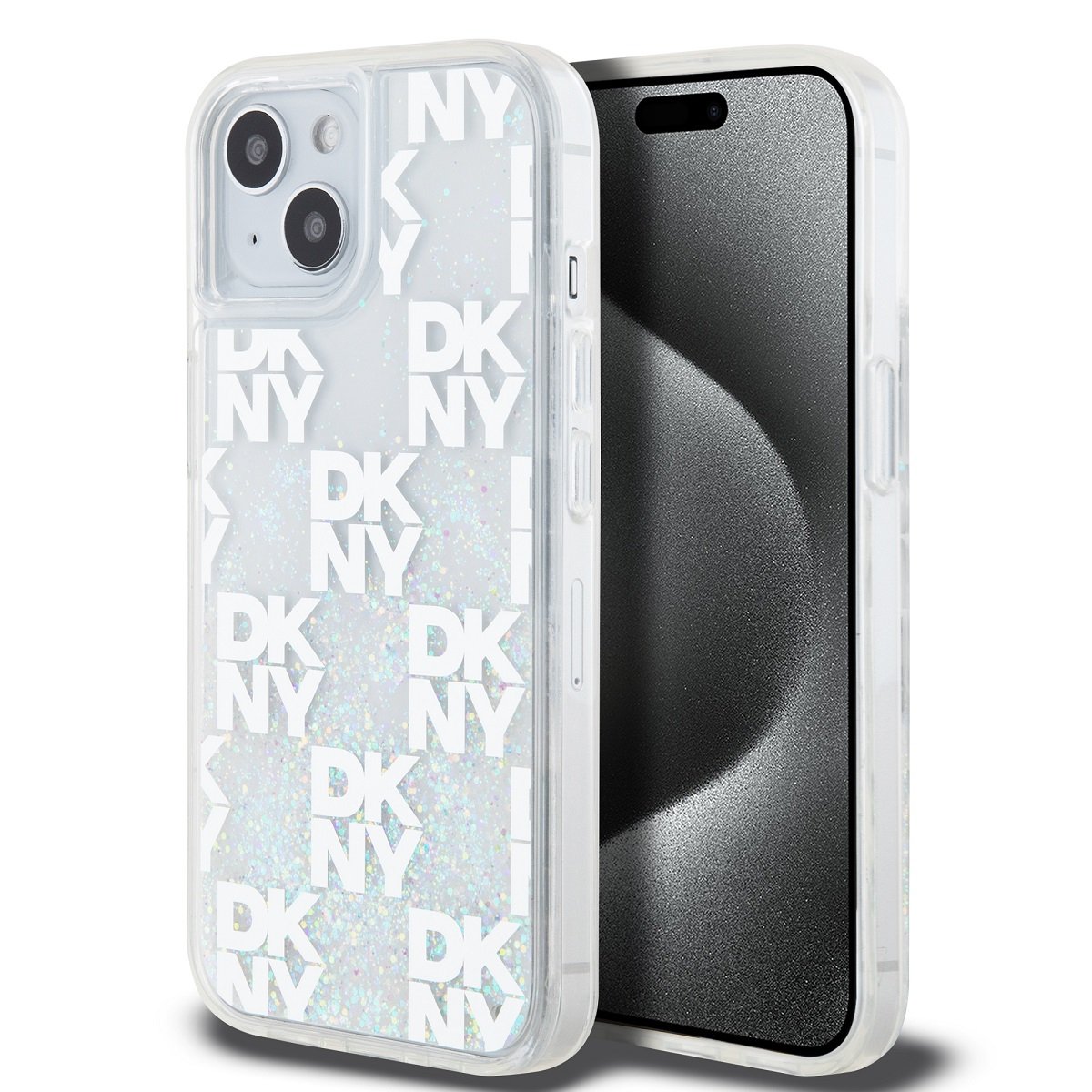 DKNY Liquid Glitter Multilogo - Púzdro iPhone 15 / 14 / 13 (biele)
