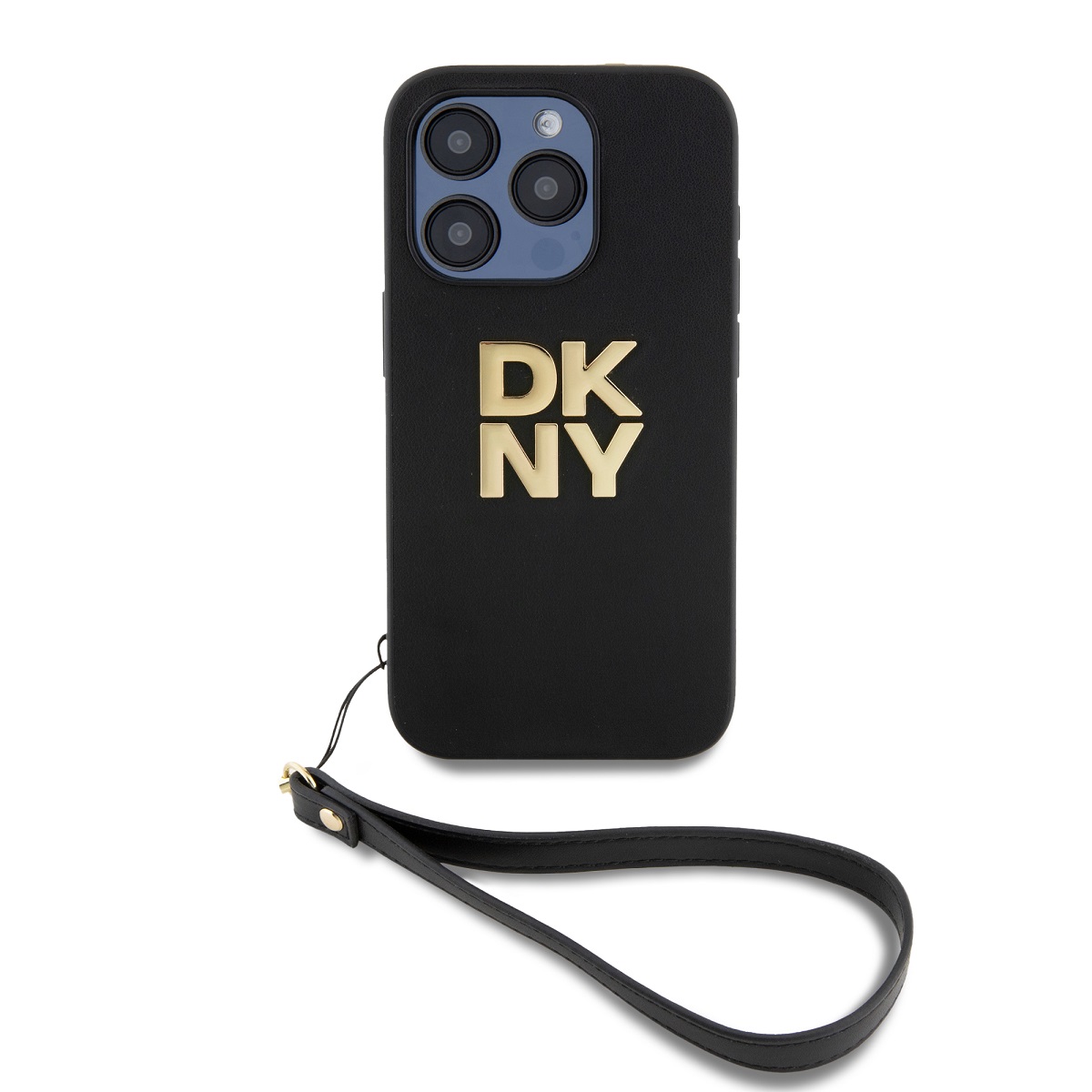 DKNY PU Leather Stack Logo Wrist Strap Zadný Kryt pre iPhone 14 Pro Max Black