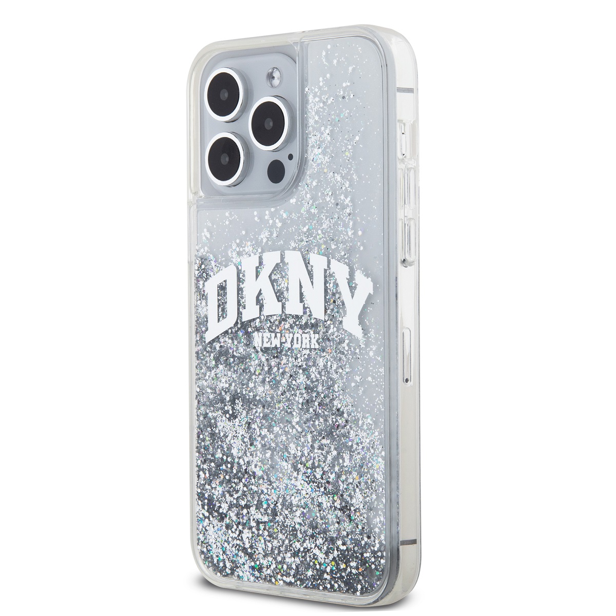 Veľké logo DKNY Liquid Glitter – púzdro na iPhone 15 Pro Max (biele)