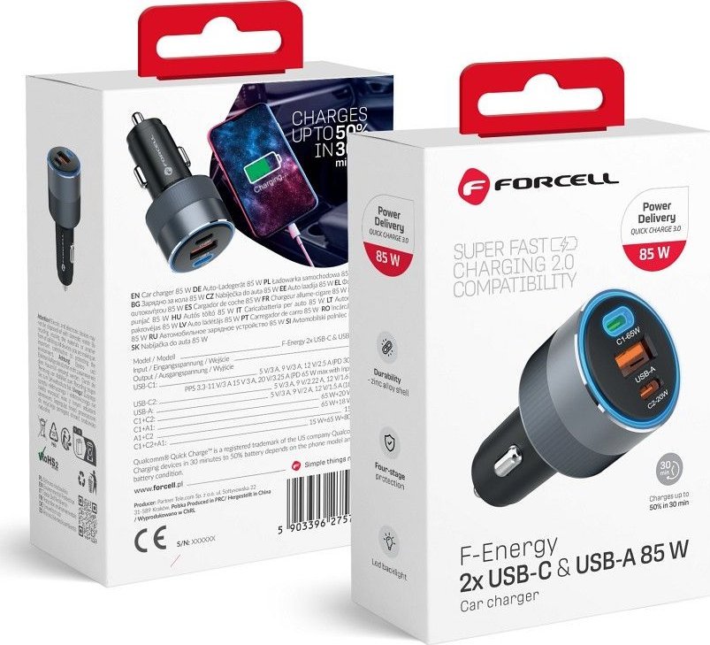 ForCell Nabíječka FORCELL F-ENERGY Alu autonabíječka 2 x Type-C + USB A PD QC4.0 SFC2.0 3A 85W šedá