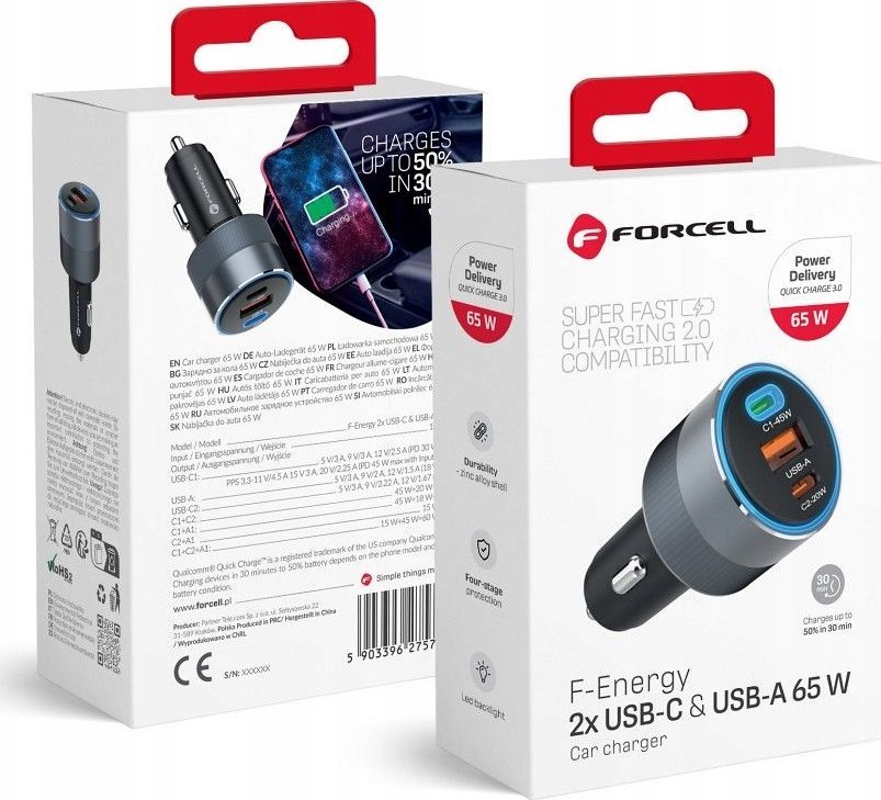 ForCell Nabíječka FORCELL F-ENERGY Alu autonabíječka 2 x Type-C + USB A PD QC4.0 SFC2.0 4,5A 65W šedá