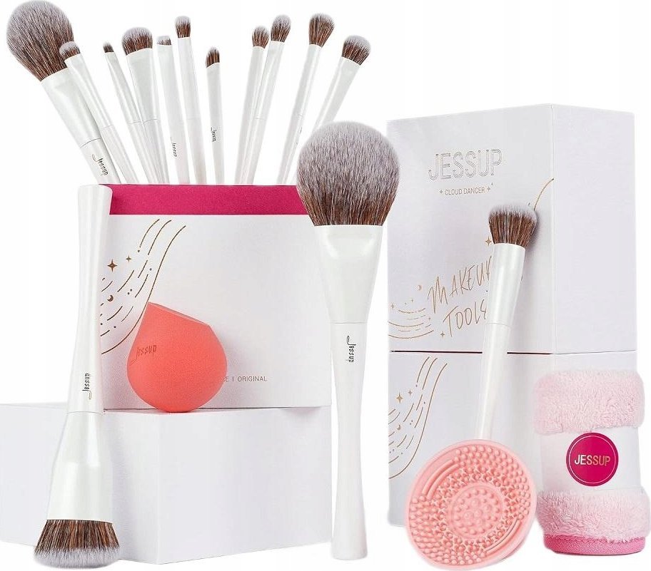 JESSUP_SET Komplexní sada nástrojů pro make-up Čisticí polštářek na štětce + kosmetická houba + štětec + 14 štětců Čisticí houba na štětce + houba na podkladovou bázi + štětec + 14 štětců
