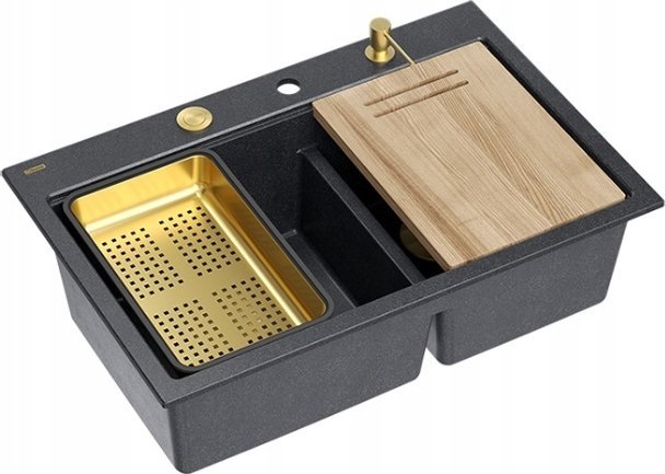 GraniteQ MARC 120 WORKSTATION Dřez GraniteQ 2 dřezy 760*500*235 mm černá diamantová + sifon s otevíráním push-to-pen + dávkovač + deska + vložka / zlaté prvky
