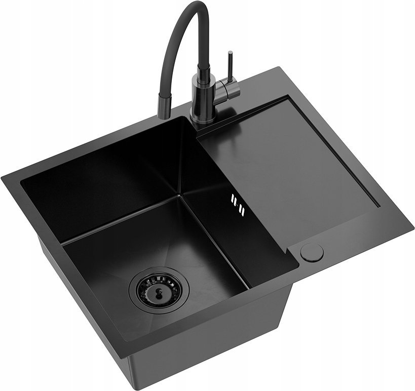 QUADRON LUKE 116 dřez, černý kovový ocelový dřez (60x48x20) s 1miskovým sifonem s/bez + baterie s flexibilním černým kovovým výtokem