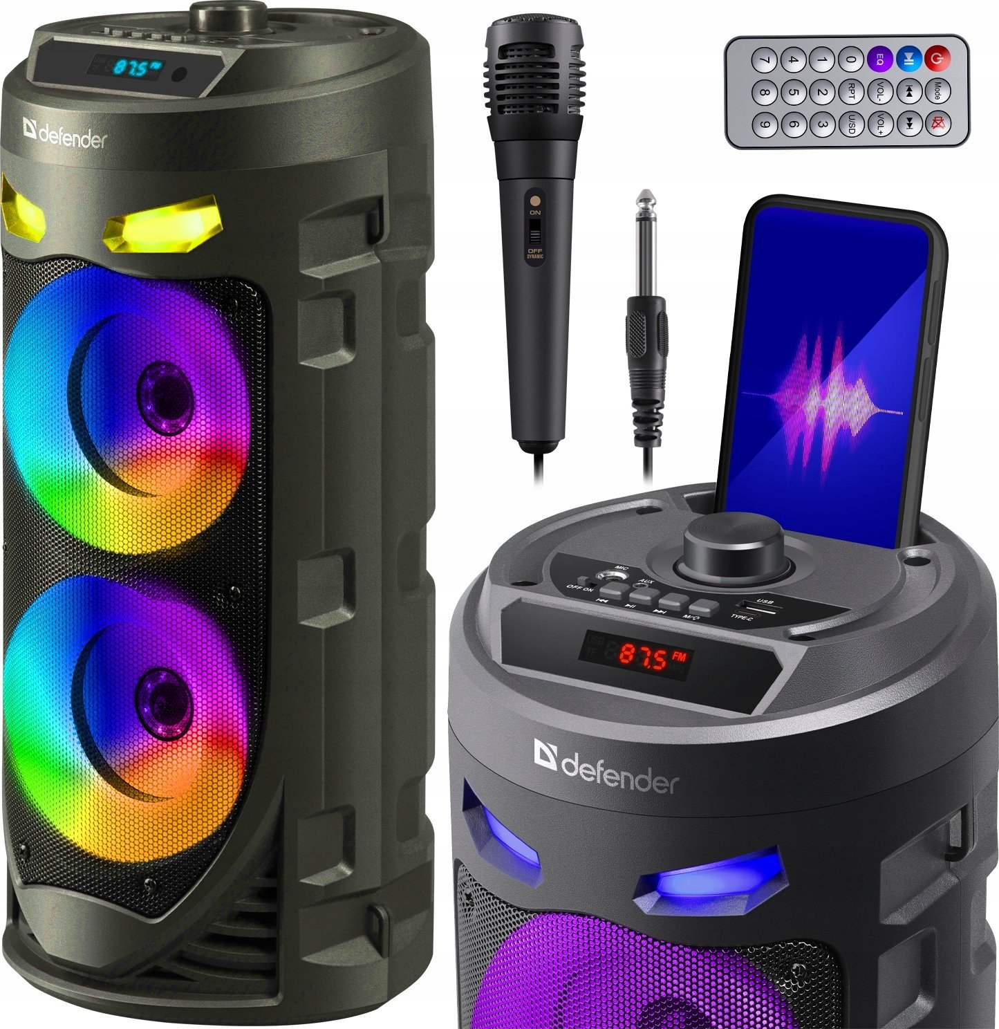 Defender Reproduktor CRASHBOOM Bluetooth reproduktor 16W MP3/FM/SD/USB/AUX/TWS/LED/MIC/LCD KARAOKE černý + mikrofon + dálkové ovládání
