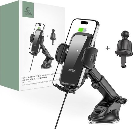 Tech-Protect Bezdrátová nabíječka TECH-PROTECT CM15W-V1 do auta s držákem na palubní desku a větrací otvor, 15W, černá