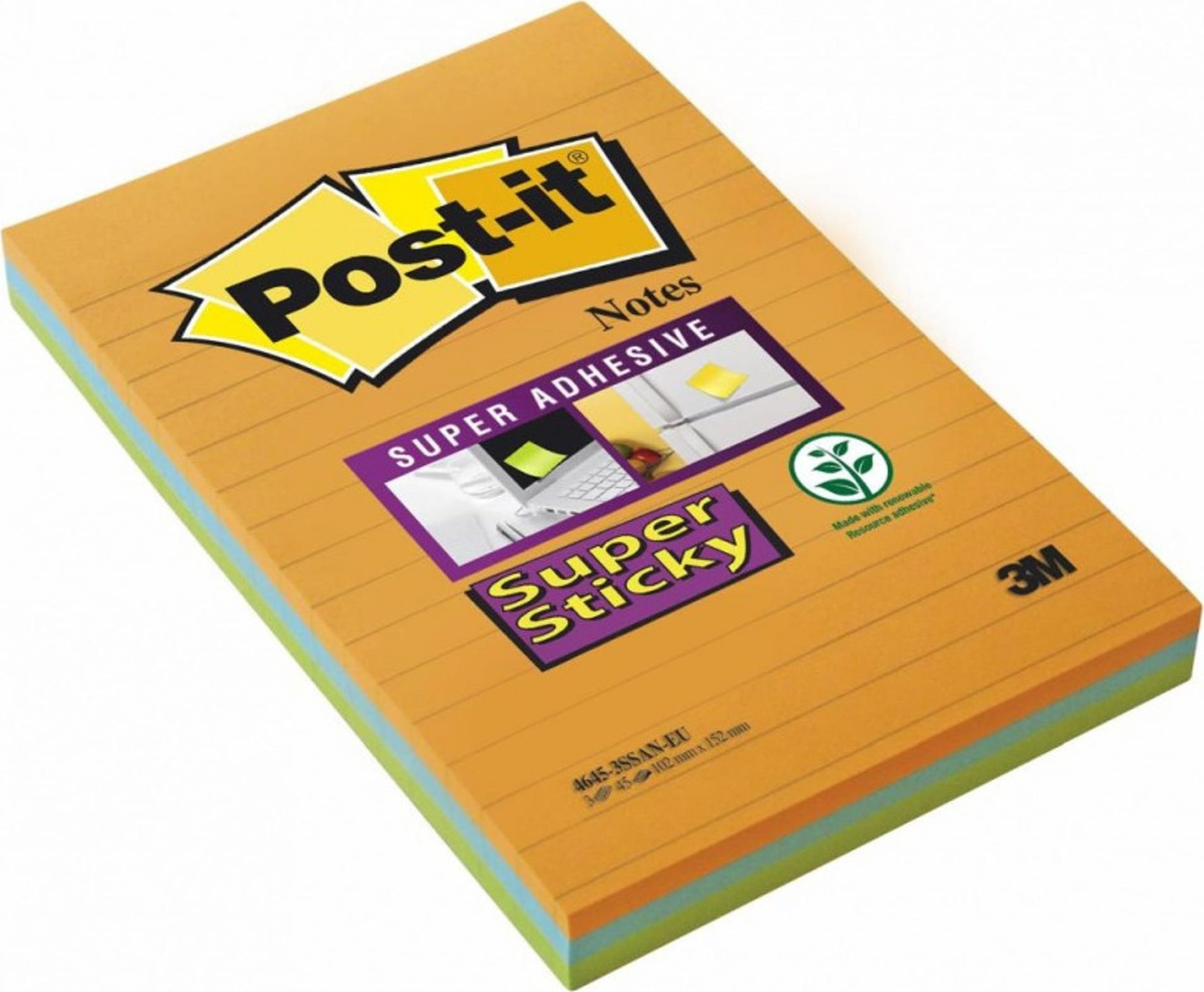 Post-It 3M Samolepicí bločky POST-IT® Super Sticky XXL, linkované (4645-3SSAN), 101x152 mm, 3x45 listů, paleta na bankovní karty