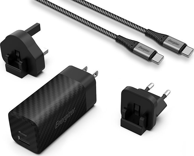 Nabíječka Energizer Energizer Ultimate – vícezásuvková nástěnná nabíječka pro EU / Spojené království / USA GaN USB-C a USB-A 65W PD + USB-C kabel (černý)