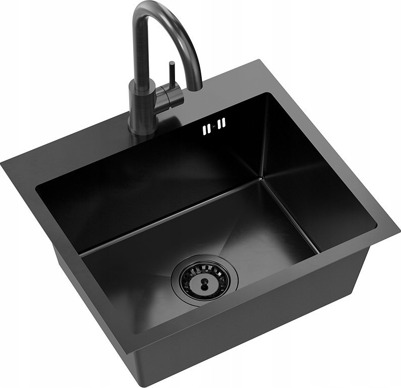 QUADRON LUKE 100 dřez, černý kovový ocelový dřez (50x45x20) s 1-miskovým sifonem b/o + černá kovová baterie