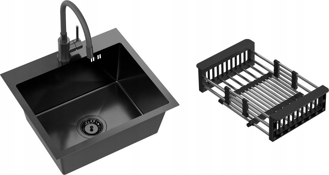QUADRON LUKE 100 dřez, černý kovový ocelový dřez (50x45x20) s 1miskovým neč. sifonem + baterie s flexibilním černým kovovým výtokem