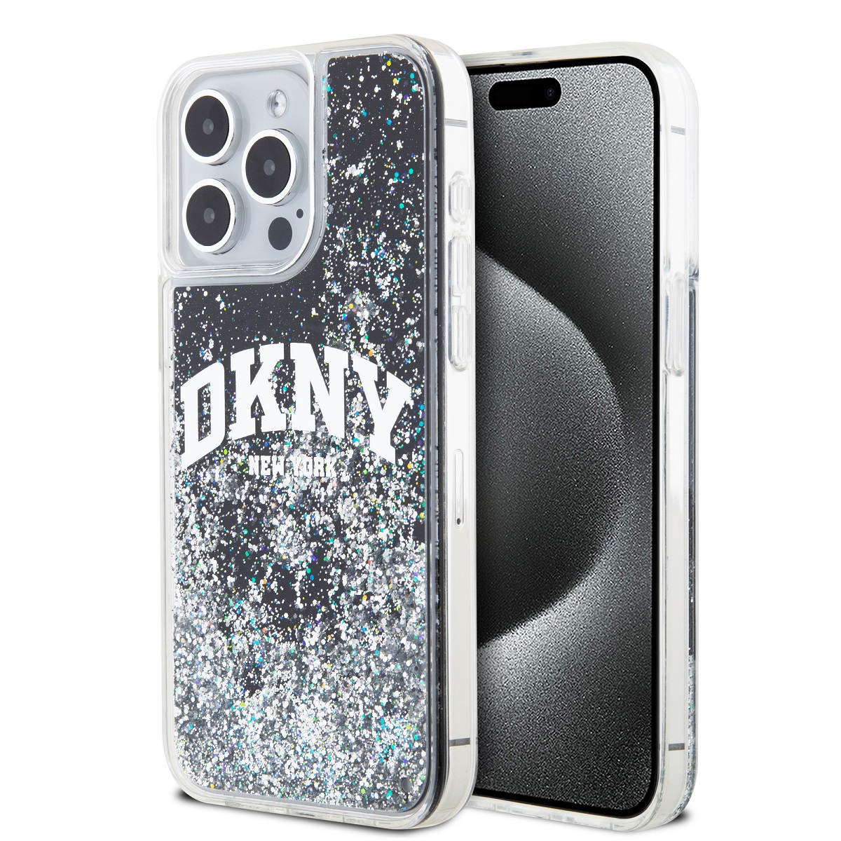 Veľké logo DKNY Liquid Glitter – púzdro na iPhone 14 Pro Max (čierne)