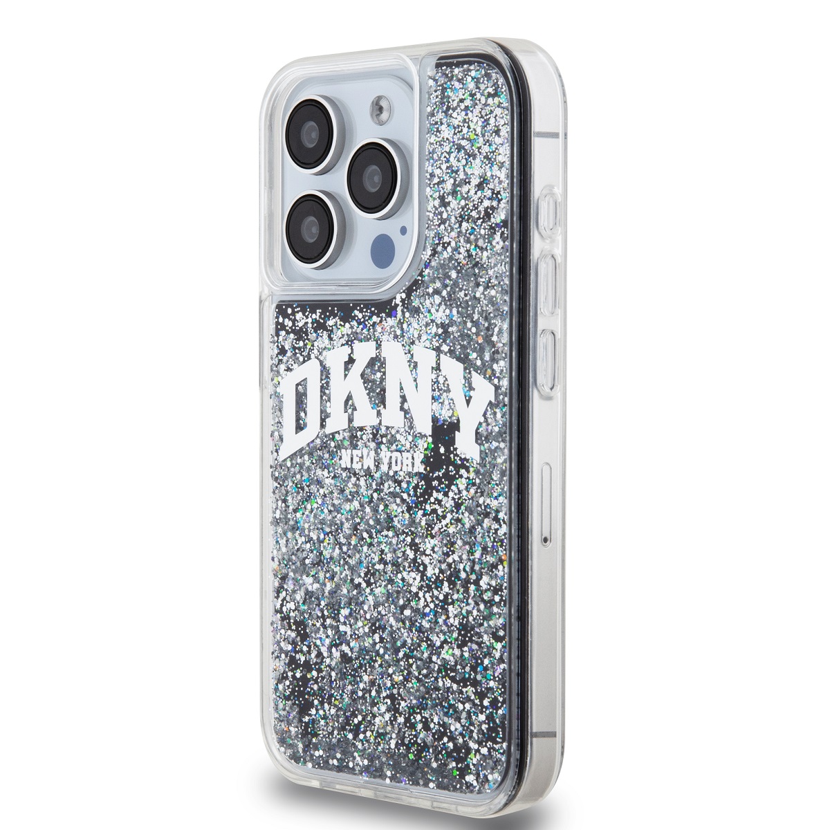 Veľké logo DKNY Liquid Glitter – púzdro na iPhone 15 Pro (čierne)