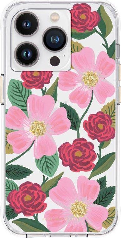 NoName Průhledný papírový obal Rifle - kryt na iPhone 14 Pro zdobený zlatem (Růžová zahrada)