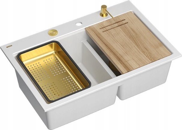 GraniteQ MARC 120 WORKSTATION Dřez GraniteQ 2-dřezový 760*500*235 mm sněhově bílá + sifon s otevíráním push-to-pen + dávkovač + deska + vložka / zlaté prvky