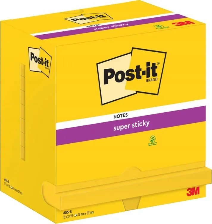 Post-It 3M Samolepicí bločky 3M POST-IT® Super Sticky Notes (655-S), 127x76mm, 12x90 listů, zářivě žluté