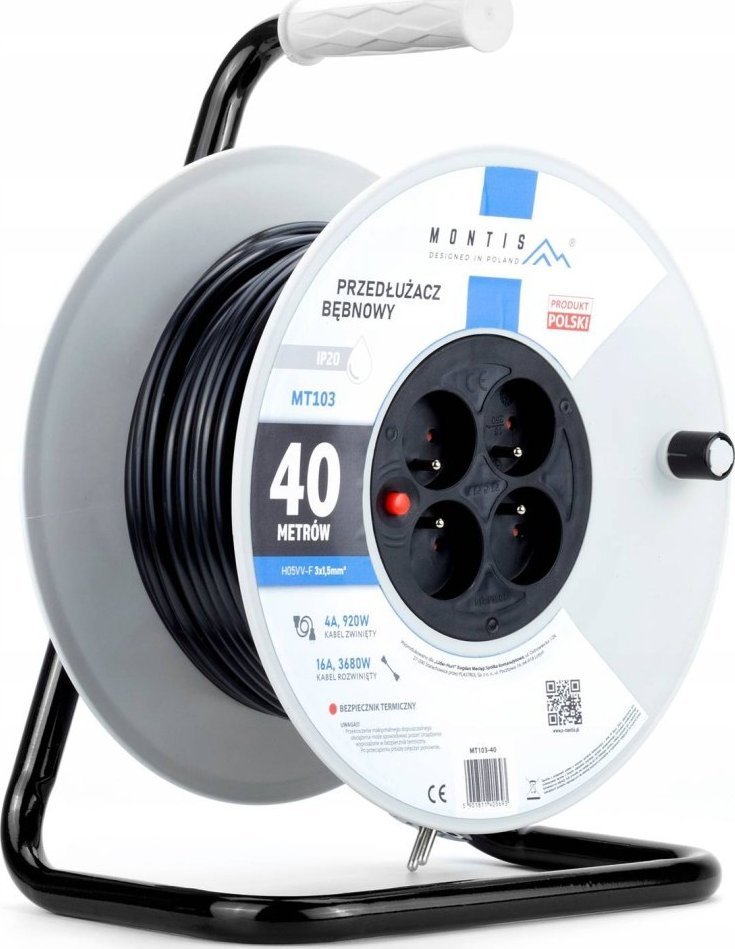 Montis Prodlužovací kabel MT103-40 4x2p+Z IP20 16A 3x1,5 40m Montis černá