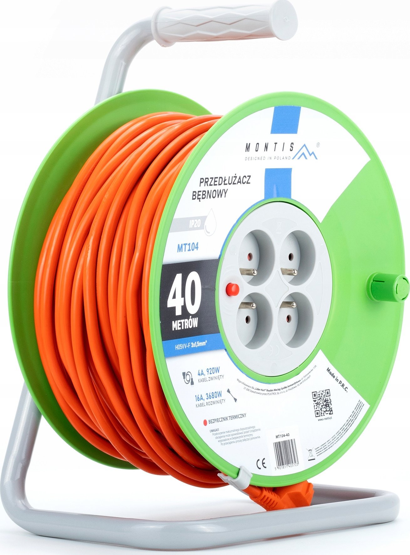 Montis Prodlužovací kabelový naviják MT104-40 4x2p+Z 16A 3680W 3x1,5 40m Montis oranž.