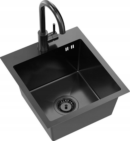 QUADRON LUKE 90 dřez, černý kovový ocelový dřez (40x45x20) s 1-miskovým sifonem, b/o + černá kovová baterie