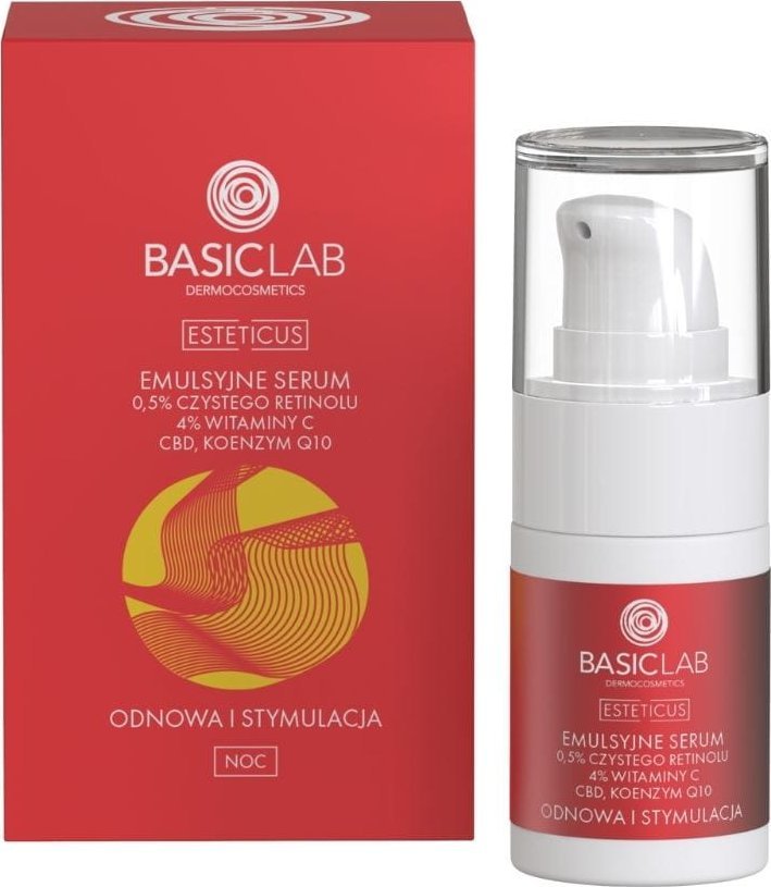 Alkotest BASICLAB_Esteticus emulzní sérum 0,5% čistý retinol, 4% vitamín C, CBD, koenzym Q10 pro obnovu a stimulaci 15ml